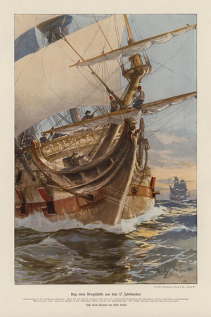 Prow of a 17th century warship (colour litho)