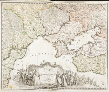 A map dated from 1788, after the annexation of the Crimea. Indicated on the map in bold lettering are the place names: Ukraine; Neu Rusland; Podolien; Liow; Moldau; Bessarabien; Wallachei; Asowsche Gouvernment; Bulgarien; Bessarabien; Azowische Meer; Bessarabien; Ostliches Nogaj; Oczakowsche Tatarey; Casien; and Taurische Chersones.