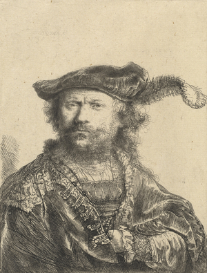 Self Portrait in a Velvet Cap with Plume, 1638 (etching)