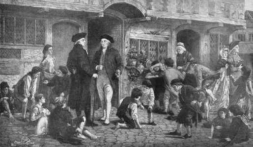 Robert Raikes, the Founder of Sunday Schools, and the House where the First Sunday School was held  (litho)