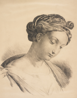 Portrait of a woman, with plaited hair, head and shoulders, face looking downwards, c.1870 (pencil with chalk on paper)