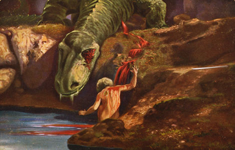 Siegfried bathing in the blood of the dragon he has slain to obtain invincibility from attack, scene from Fritz Lang's film "Die Nibelungen: Siegfried", 1924 (colour litho)