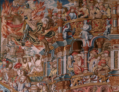 Flemish tapestry. Series The Honours. Fame (La Fama). Third tapestry in the series. Model Cartoonists from the circle of Bernard van Orley and Jan Gossaert (Mabuse). Manufacture Pieter van Aelst, Brussels. Ca 1550. Fabric Gold, silver, silk and wool.