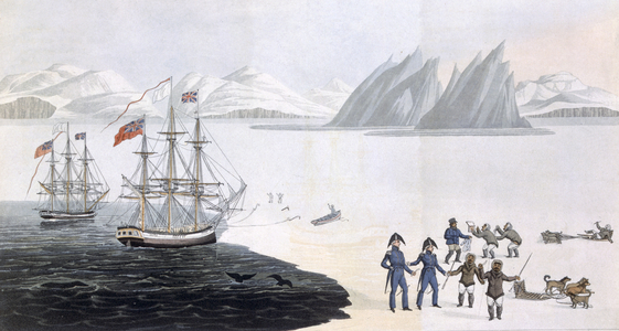 First Communication with the Natives of Prince Regent's Bay, 1818 (coloured engraving)