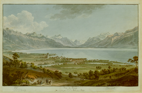 Five figures on a road in the foreground, with a bird's-eye view of the town of Vevey, Lake Geneva and mountains in the background