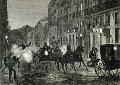 Attack on Isabella II (1830-1904) and King Francis of Spain (1822-1902). Madrid. Spain.