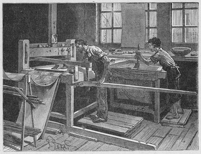 Science. Paper Making. Wallpaper manually printing. Engraving in: Grands hommes et grands faits de l'industrie, France, c.1880 (engraving)