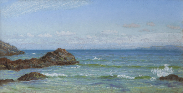 Seas breaking on rocks, with a distant coastline (oil on panel)