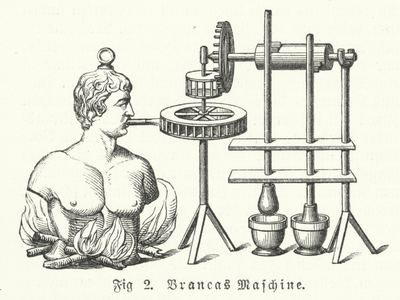 Italian engineer and inventor Giovanni Branca's 'steam turbine', 17th Century (engraving)