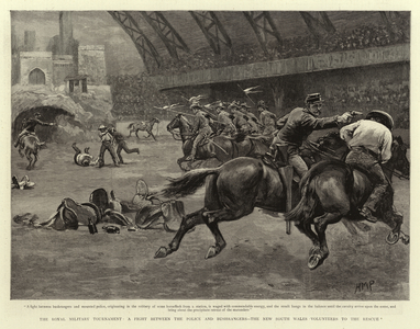 The Royal Military Tournament, a Fight between the Police and Bushrangers, the New South Wales Volunteers to the Rescue (engraving)