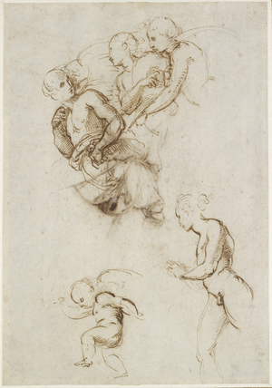 Recto: Studies for a Group of flying Angels, WA1846.190 (pen & brown ink on white paper)