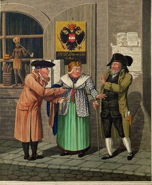 Three Vienna jews in front of a State-Lottery office and a tobacco shop …