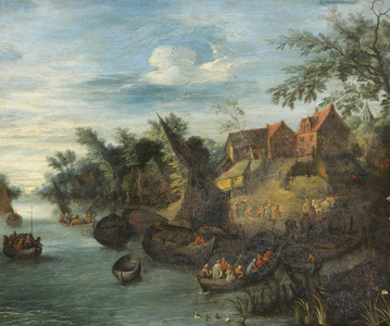 River Scene with Boats, 1702 (oil on copper)