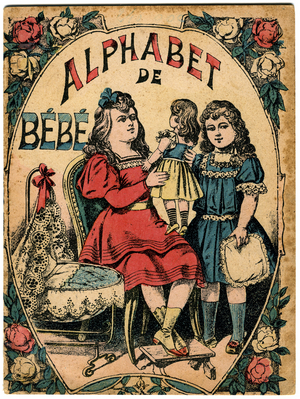 Two little girls playing with a doll and cradle, 19th-20th century (illustration)