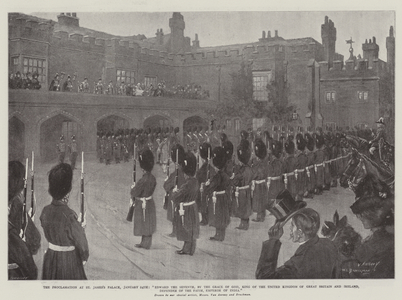 The Proclamation at St James's Palace, 24 January, "Edward the Seventh, by the Grace of God, King of the United Kingdom of Great Britain and Ireland, Defender of the Faith, Emperor of India" (litho)