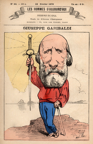 Frontpage of French paper "Les Hommes d'Aujourd'hui" n°24, february 22, 1879: Giuseppe Garibaldi (1807-1882), caricature by Andre Gill