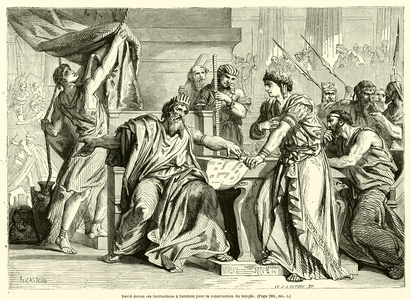 David donne ses instructions a Salomon pour la construction du temple (engraving)
