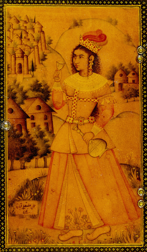 Interior of a mirror case painted with a stylised European lady holding a wine cup and bottle, 17th century ()