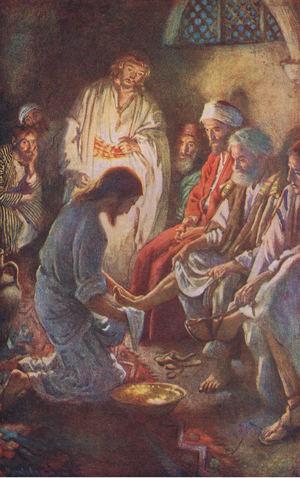 Washing the disciples feet, illustration from'Harold Copping Pictures: The Crown Series', c.1920's (colour litho)