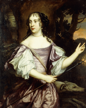 Portrait of a Lady, standing three-quarter length, wearing a Lavender and White Satin Dress (oil on canvas)