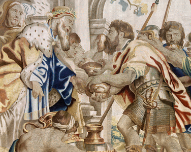 Flemish tapestry. Series Apotheosis of the Eucharist. Meeting of Abraham and Melchizedek (Encuentro de Abraham y Melquisedec). Model Cartoon copied from an original by Rubens. Brussels manufacture. Manufacture by Frans van den Hecke. Mid-17th century. Fabric Silk and wool, 7/8 warps per cm.