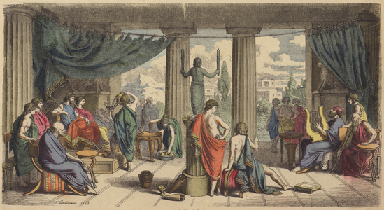 A royal court in Ancient Greece (coloured engraving)
