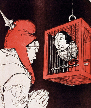 Caricature by Lode representing the affair Hanau, politic and financial scandal with the banker Marthe Hanau (1886-1935) during 1922-1932