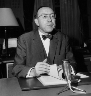 Jean Marcel Jeanneney , Councillor of Minister of Social Affairs, during Press Conference About The Reform of Social Security August 01, 1967 (b/w photo)