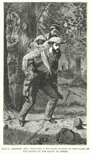 Ross L Mangles, Esq, Carrying a Wounded Soldier to the Boats on the March to the Relief of Arrah (engraving)