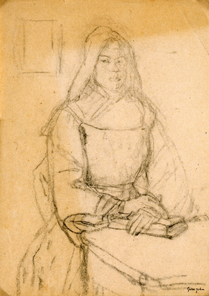 A Nun Seated at a Table, 1910s (black chalk on paper)