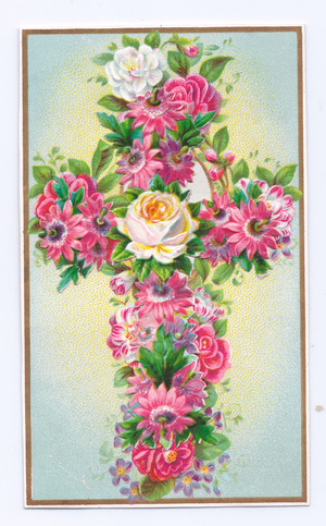 A Victorian religious greeting card of a cross decorated with red and white flowers, c.1880 (colour litho)