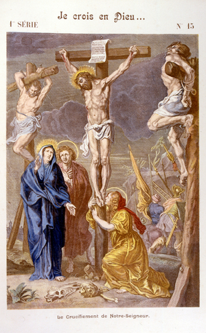 Illustration from the 'Grand Catechism for Families'. 1907. depicting the Crucifixion of Christ
