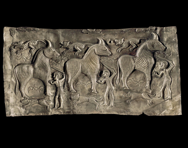 Men with swords fighting three unicorns (embossed silver)