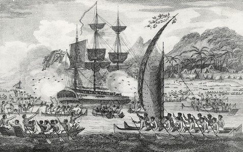 Captain Wallis attacked by the Indians, 1767 (engraving) 

