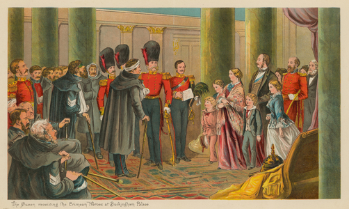 The Queen receiving the Crimean Heroes at Buckingham Palace (chromolitho)