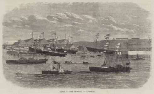 Launch of Five Steamers at Liverpool (engraving)