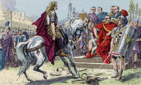 Vercingetorix surrendering to Julius Caesar, 52 BC (colour litho)