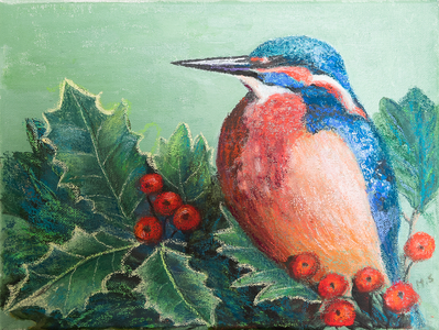 Kingfisher on berries, 2022 (pastel)