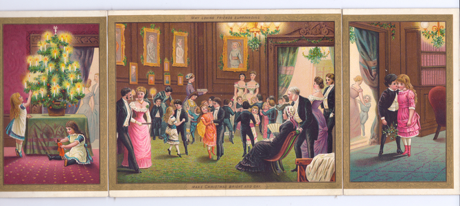 A threefold Victorian Christmas card of a Christmas party with the guests dancing, a young boy and girl holding mistletoe and a child lighting the candles on a Christmas tree, c.1880 (colour litho)