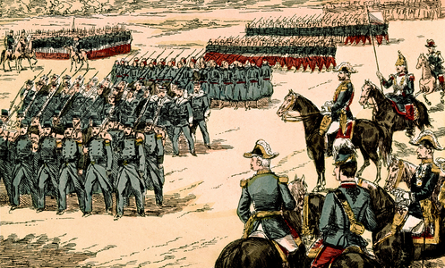 French Bastille day military parade in Tonking in front of French General Boulanger July 14, 1886