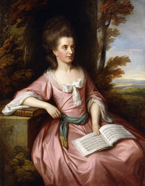 Portrait of Martha Ray (c.1745-1779), seated three-quarter-length, in a Pink Dress with a Blue Sash, holding a Musical Score, in a Landscape, 1777 (oil on canvas)