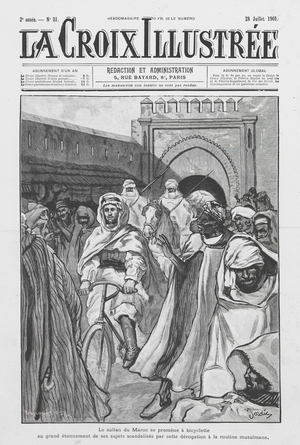 Sultan Abdelaziz of Morocco shocking his subjects by riding a bicycle (engraving)