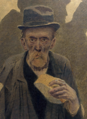 La Bouchée de pain: old man in rags, front view, holding a piece of bread, circa 1904 (oil on canvas)