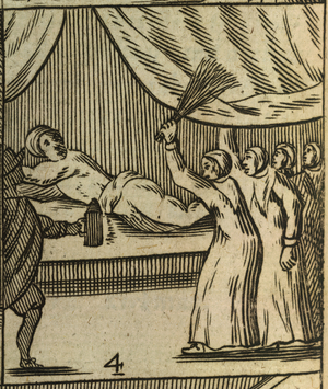 A man being flogged on a bed