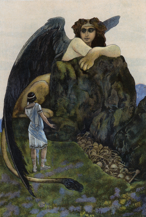 Oedipus and the sphinx (colour litho)