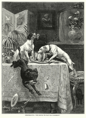 Dogs stealing the Christmas dinner (engraving)