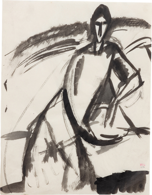 Portrait of Adrienne standing, seen from the front, leaning on left elbow, right arm in an arc, 1908(India ink on paper)
