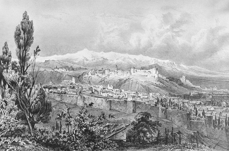 View of Granada with the Alhambra and behind the Sierra Nevada (litho)