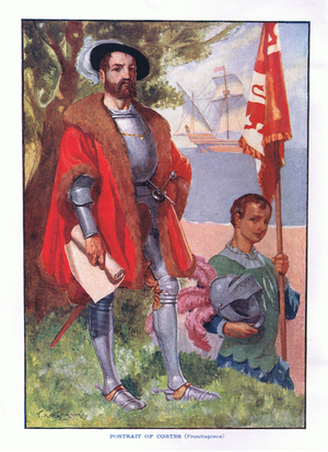 Portrait of Cortes, from Romance of Mexico published by T C & E C Jack 1909 (colour litho)