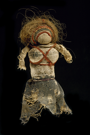 Rag doll, 350-60 (woven dyed wool, undyed flax & human hair)